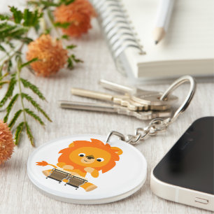 Cute Cartoon Lion Paying Bongos Keyring