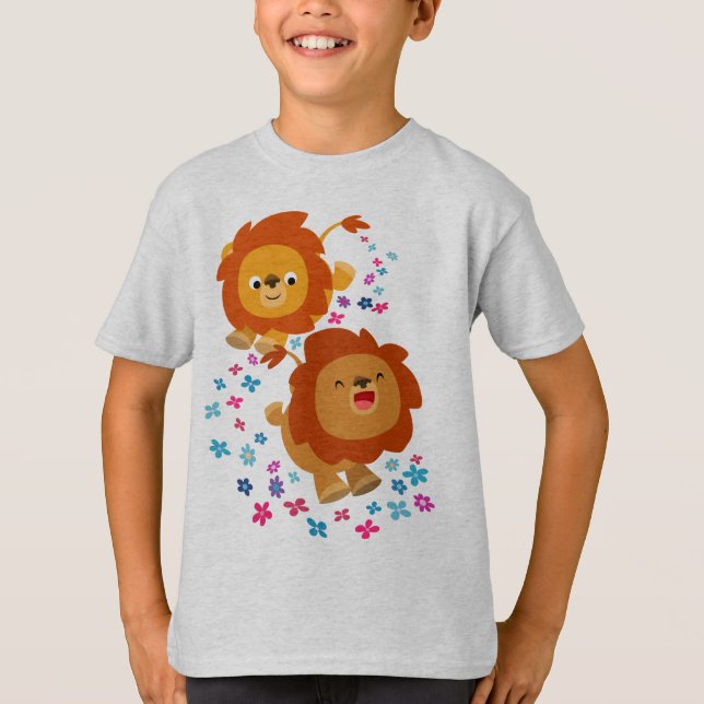 Cute Cartoon Lions In The Garden Children T-Shirt (Front)