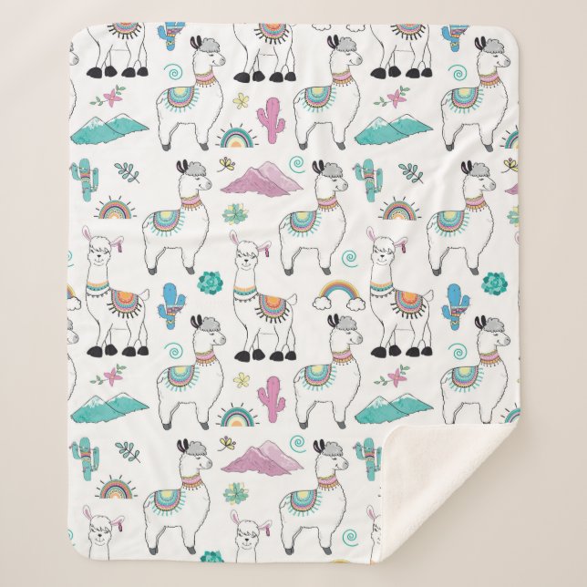 Cute Cartoon Llama Pattern Sherpa Blanket (Front)
