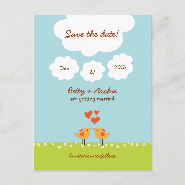 Cute Cartoon Love Birds (Day) Wedding Announcement Postcard (Front)