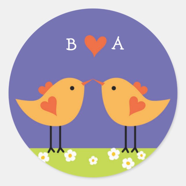 Cute Cartoon Love Birds (Night) Wedding Classic Round Sticker (Front)