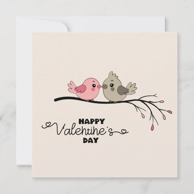 Cute Cartoon Lovebirds on branch Valentine’s Day Holiday Card (Front)