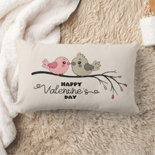 Cute Cartoon Lovebirds on branch Valentine’s Day Lumbar Cushion