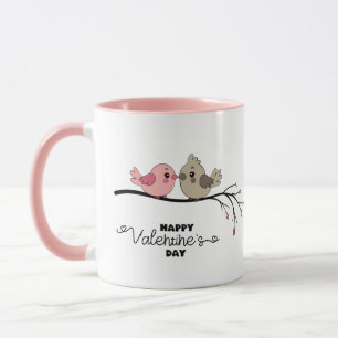 Cute Cartoon Lovebirds on branch Valentine’s Day Mug