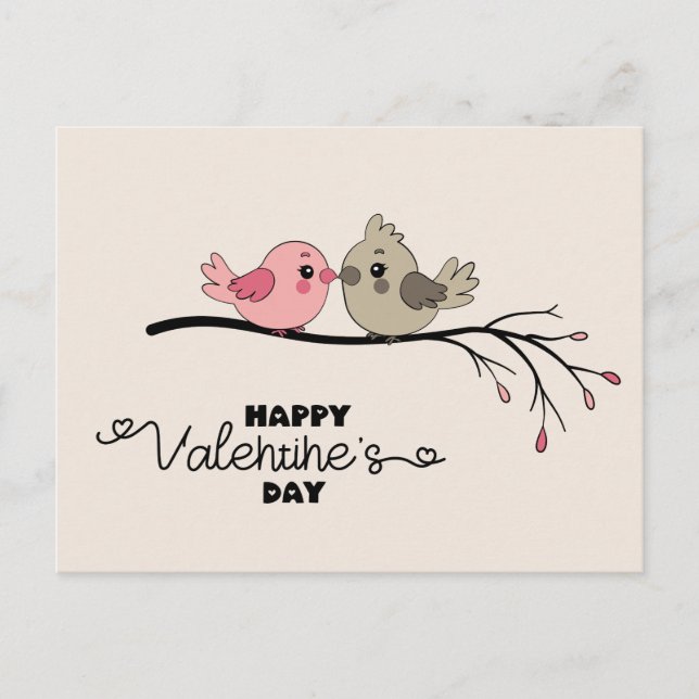 Cute Cartoon Lovebirds on branch Valentine’s Day Postcard (Front)