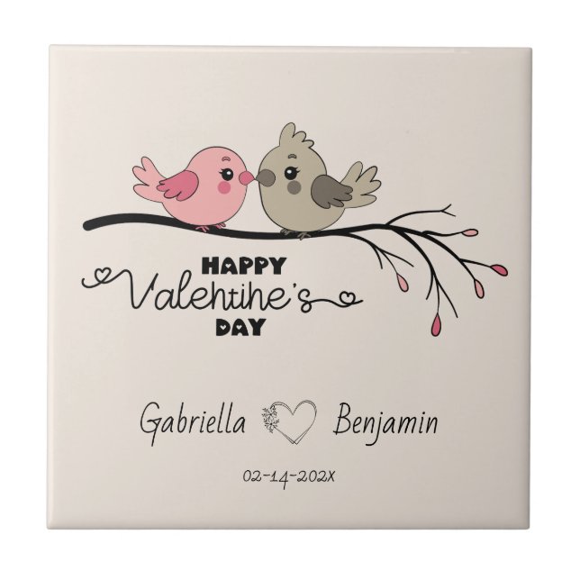 Cute Cartoon Lovebirds on branch Valentine’s Day Tile (Front)