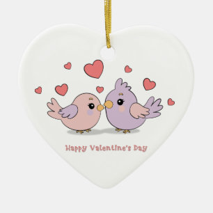 Cute Cartoon Lovebirds Pink Hearts Valentine’s Day Ceramic Tree Decoration