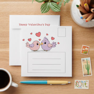 Cute Cartoon Lovebirds Pink Hearts Valentine’s Day Envelope