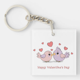 Cute Cartoon Lovebirds Pink Hearts Valentine’s Day Key Ring