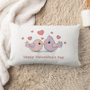 Cute Cartoon Lovebirds Pink Hearts Valentine’s Day Lumbar Cushion