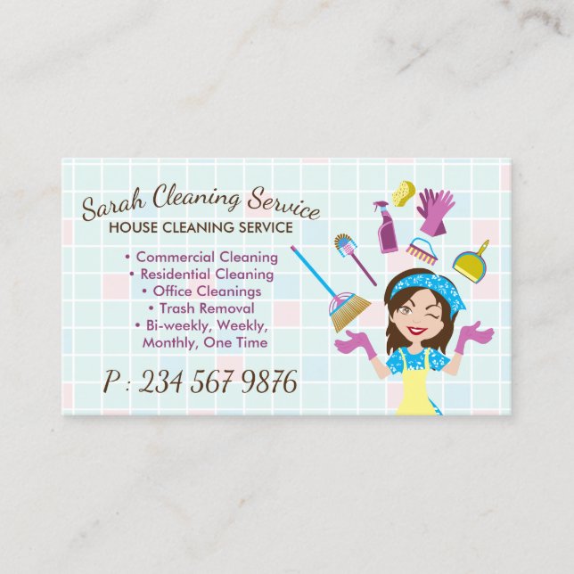 Cute Cartoon Maid Cleaning Service Business Card (Front)