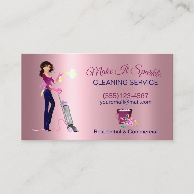 Cute Cartoon Maid Cleaning Service Rose Gold Business Card (Front)