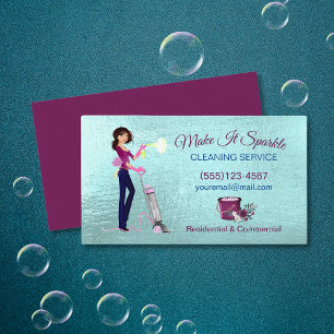 Cute Cartoon Maid Cleaning Service Teal Business Card