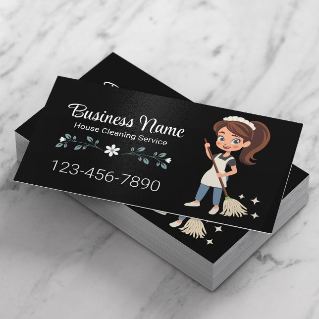 Cute Cartoon Maid House Cleaning Service Black Business Card (Creator Uploaded)