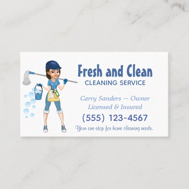 Cute Cartoon Maid House Cleaning Service Business Card (Front)