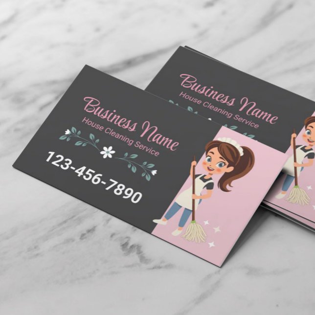 Cute Cartoon Maid House Cleaning Service Pink Business Card (Creator Uploaded)