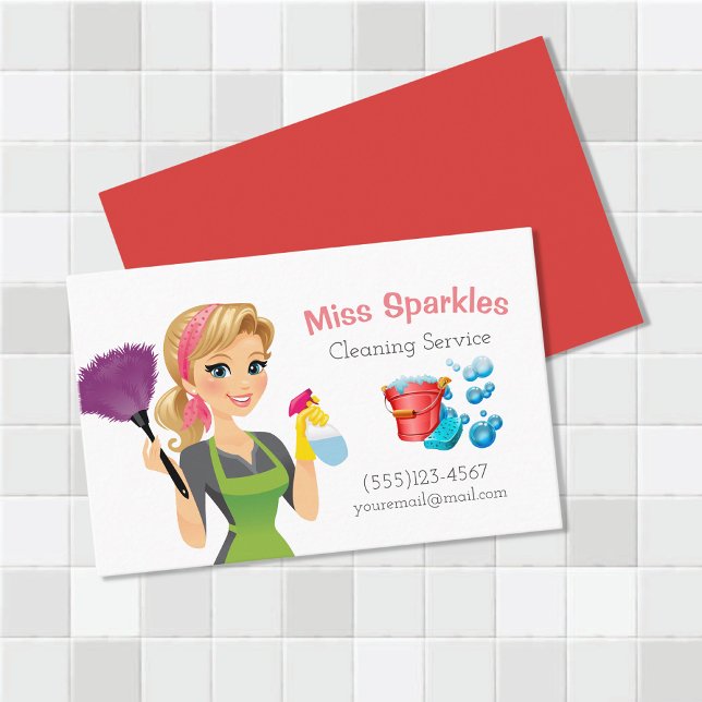 Cute Cartoon Maid House Cleaning Services Business Card (Creator Uploaded)