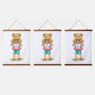 Cute Cartoon Man with Giant Teddy Bear Summer Fun Hanging Tapestry