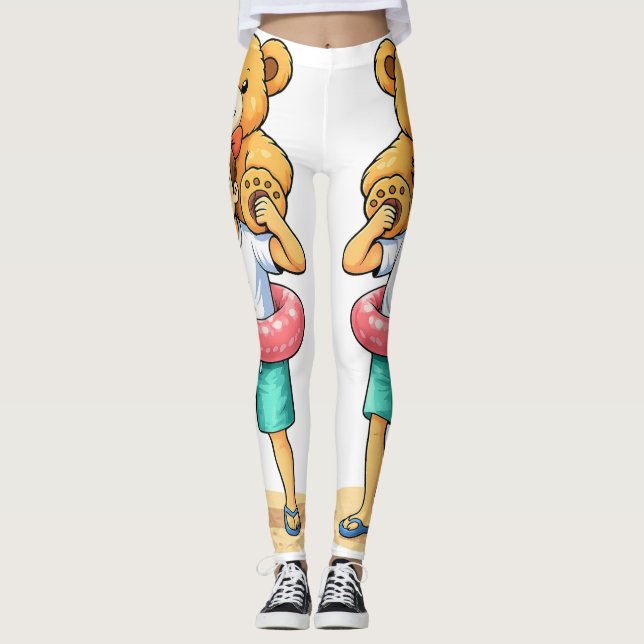 Cute Cartoon Man with Giant Teddy Bear Summer Fun Leggings (Front)