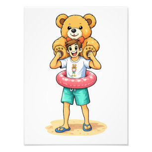 Cute Cartoon Man with Giant Teddy Bear Summer Fun Photo Print