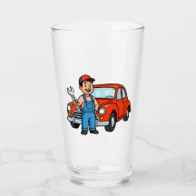 Cute Cartoon Mechanic with Red Car Illustration