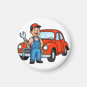 Cute Cartoon Mechanic with Red Car Illustration Magnet