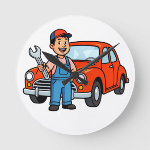 Cute Cartoon Mechanic with Red Car Illustration Round Clock