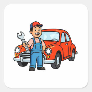Cute Cartoon Mechanic with Red Car Illustration Square Sticker