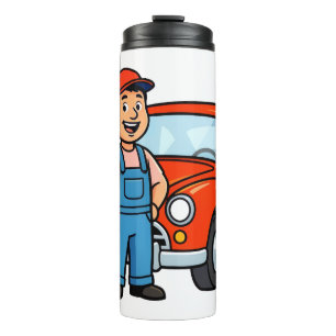 Cute Cartoon Mechanic with Red Car Illustration Thermal Tumbler