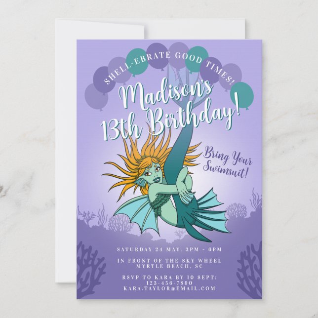 Cute Cartoon Mermaid Girly Purple 13th Birthday Invitation (Front)