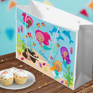 Cute Cartoon Mermaid Little Girl Under the Sea Large Gift Bag