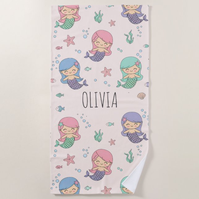 Cute Cartoon Mermaid Pattern Beach Towel (Front)
