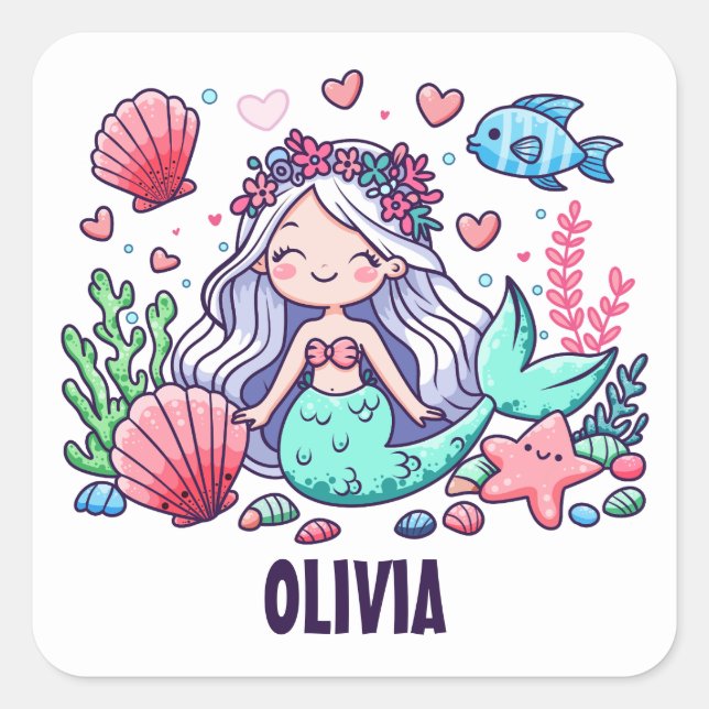 Cute Cartoon Mermaid Personalised  Square Sticker (Front)