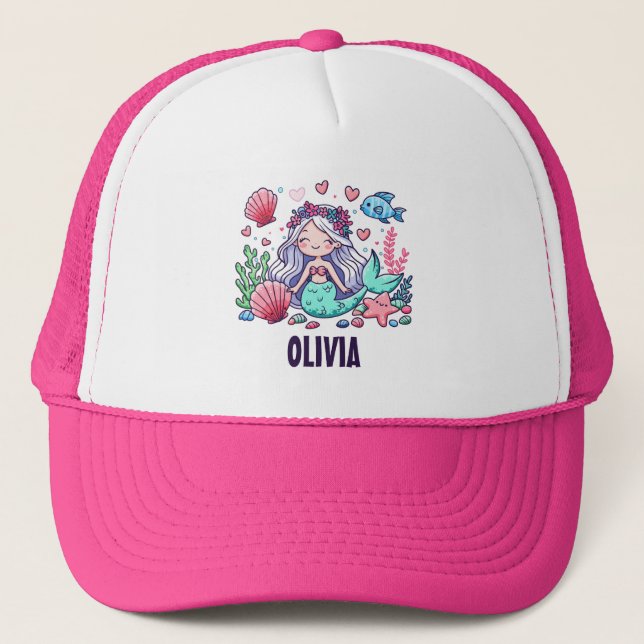 Cute Cartoon Mermaid Personalised  Trucker Hat (Front)