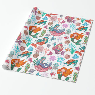 Cute cartoon mermaids on white background wrapping paper