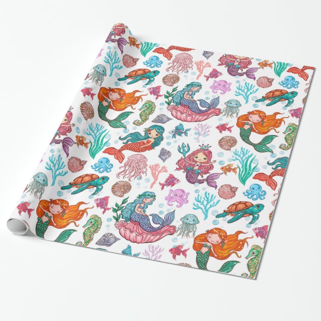 Cute cartoon mermaids on white background wrapping paper (Unrolled)