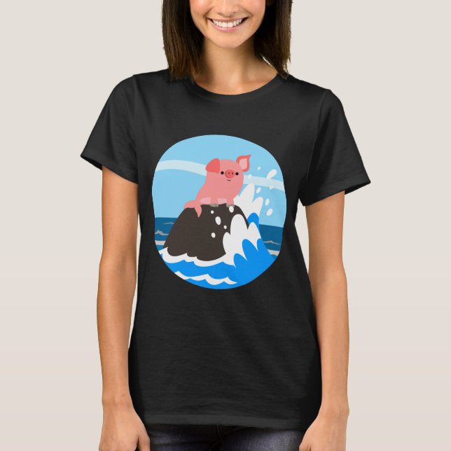 Cute Cartoon Merpig on a Rock Women T-Shirt (Front)