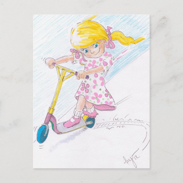 Cute Cartoon Microscooter Girl Micro Scooter Postcard (Front)