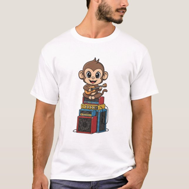Cute Cartoon Monkey Musician Playing Ukulele T-Shirt (Front)