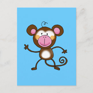 Cute Cartoon Monkey on Blue Postcard