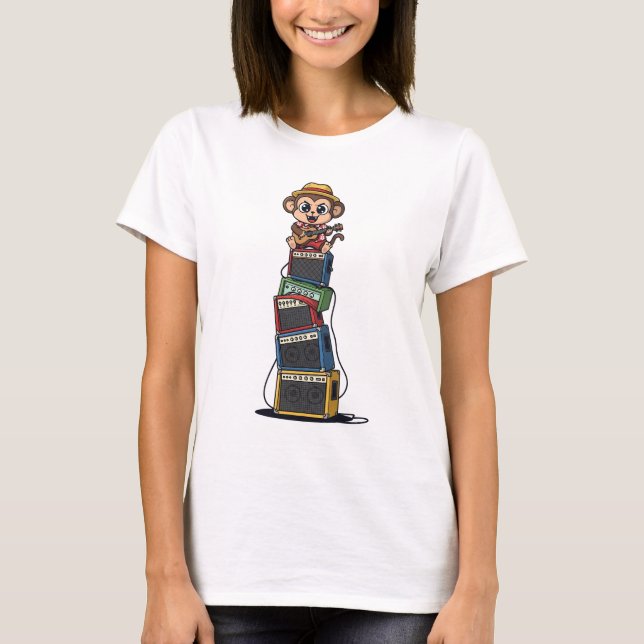 Cute Cartoon Monkey Rocker Playing Ukulele T-Shirt (Front)