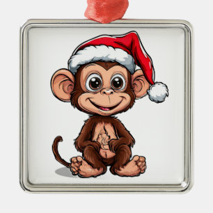 Cute Cartoon Monkey Wearing a Santa Hat Metal Tree Decoration