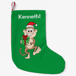 Cute Cartoon Monkey with a Gift Small Christmas Stocking