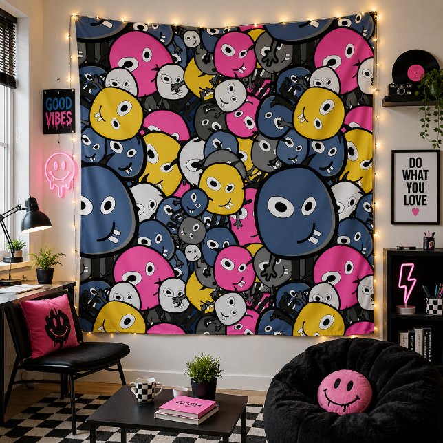 Cute Cartoon Monster Faces for Teen Bedroom Tapestry (Color Your Space with Playful Vibes)