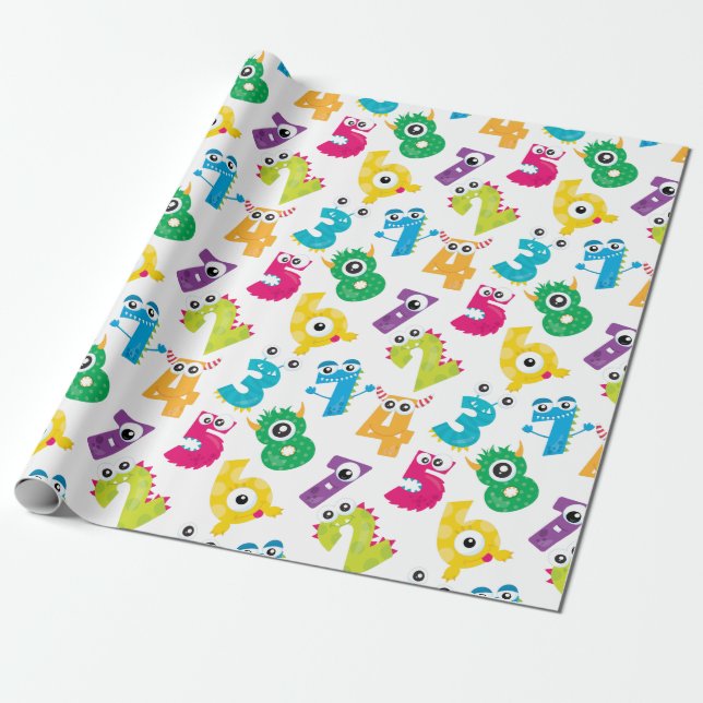 Cute Cartoon Monster Numbers Pattern Wrapping Paper (Unrolled)