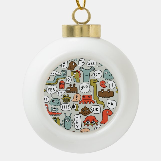 Cute Cartoon Monsters: Seamless Background Ceramic Ball Christmas Ornament (Front)