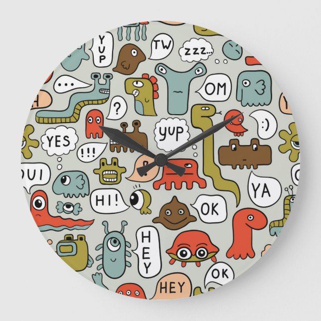 Cute Cartoon Monsters: Seamless Background Large Clock (Front)
