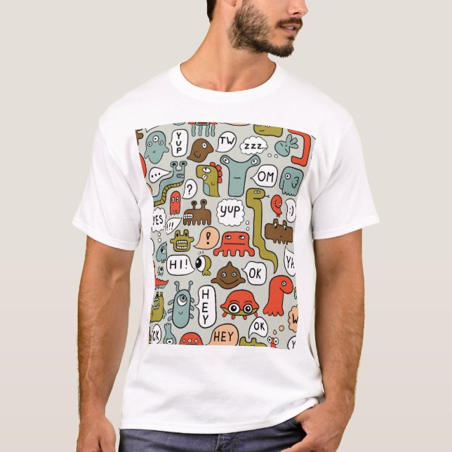 Cute Cartoon Monsters: Seamless Background T-Shirt (Front)