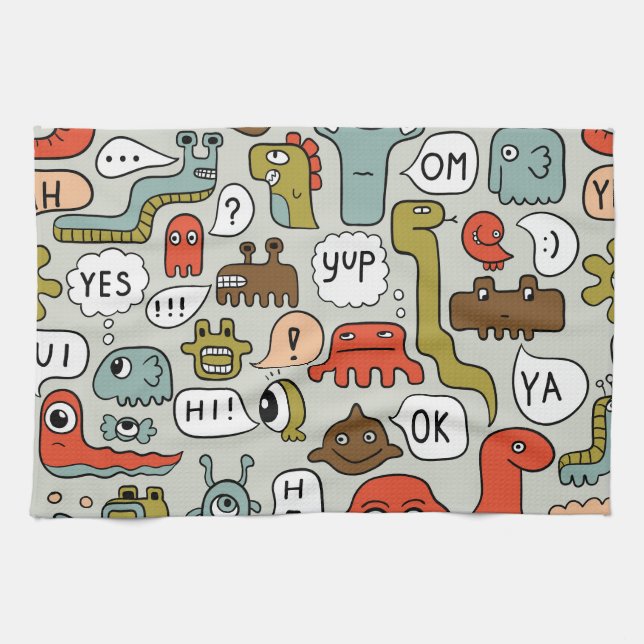 Cute Cartoon Monsters: Seamless Background Tea Towel (Horizontal)