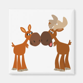 Cute Cartoon Moose Couple in Love Magnet